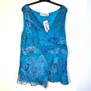 CAITE WOMAN Top Sleeveless Size 1X Blue Paisley Print Babydoll Fairy Whimsy NEW
